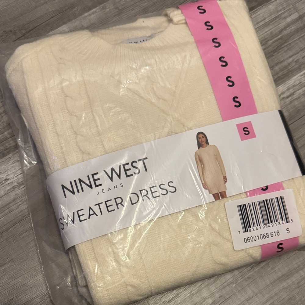 Nine West Ivory Cable-Knit Crewneck Sweater Dress